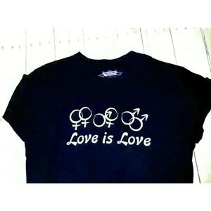 THINK OUT LOUD Unisex "LOVE IS LOVE" LBGTQ Black T-shirt Wear it Proud size Lg